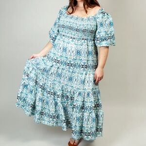 Noonday Collection Blue and White Smocked Tiered Dress. Size 14-16. So Good!